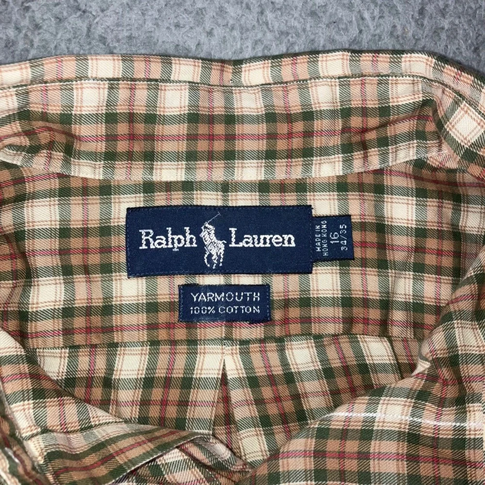 Ralph Lauren Button Down Men 2XL 16 34/35 Yarmouth Plaid Neutral Green Brown L/S